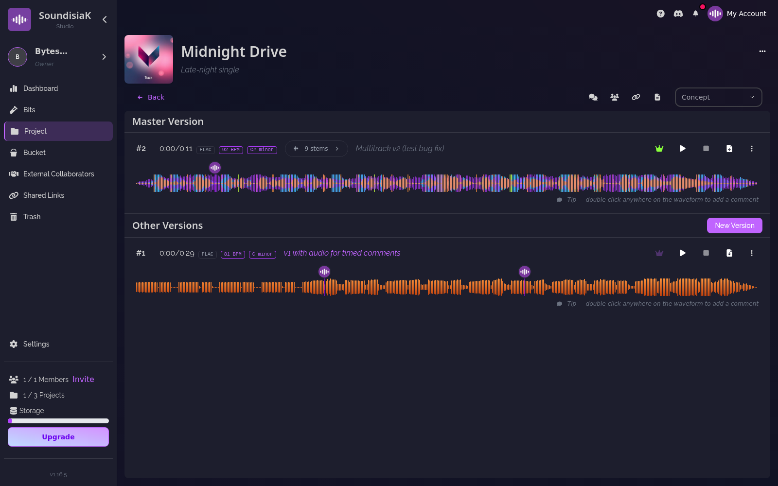 SoundisiaK Studio — version history, multitrack stems and timestamped comments